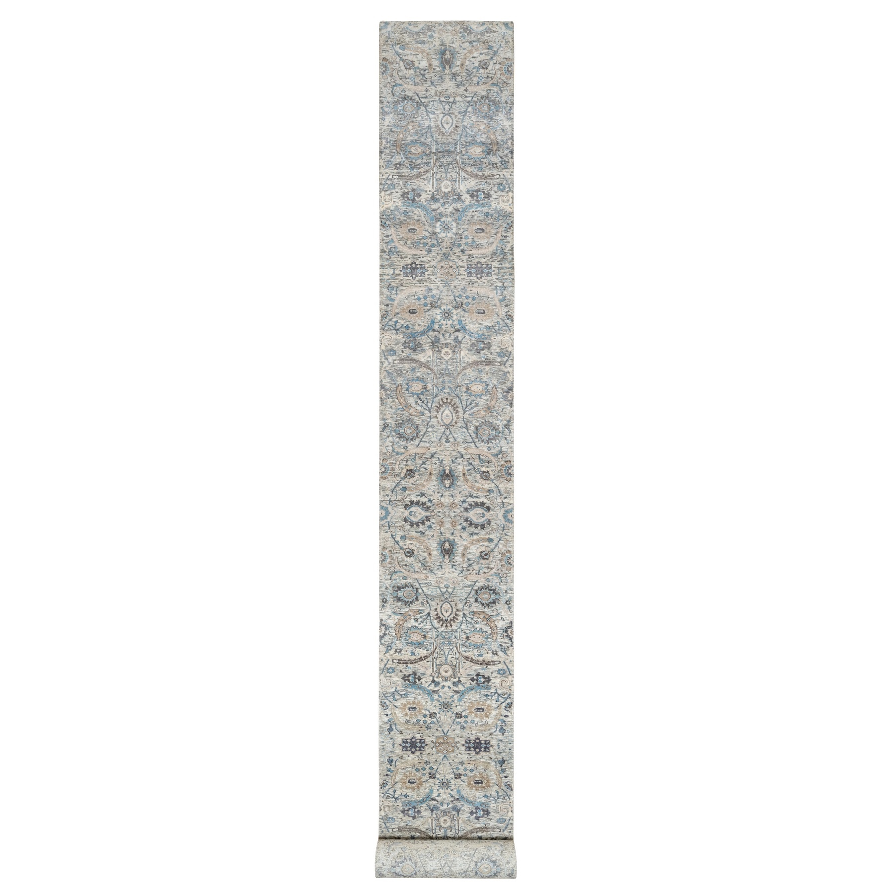 2'7"x25'9" Pristine White, Hand Knotted, Borderless Sickle Leaf Design, Soft Pile Silk With Textured Wool, XL Runner Oriental Rug 